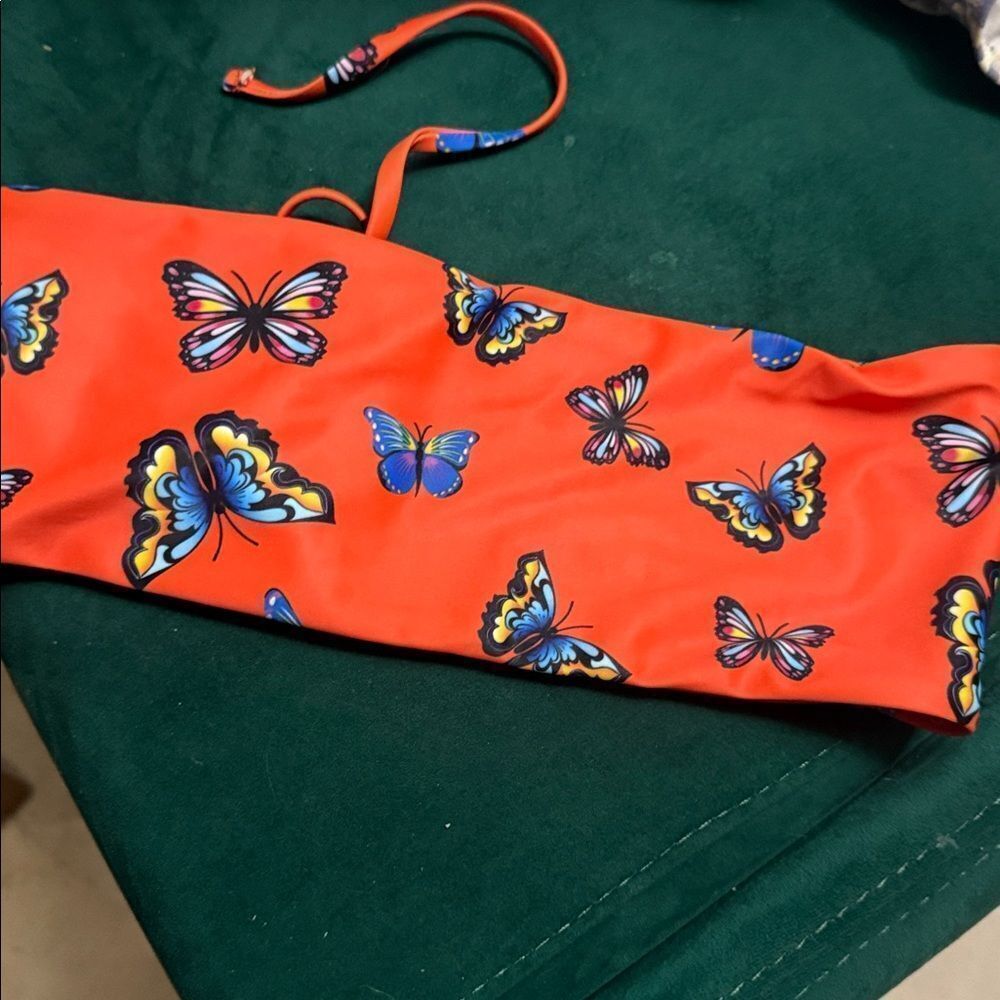 Orange Butterfly Print Bandeau Swim Top - Back String Tie - Size Small WORN ONCE